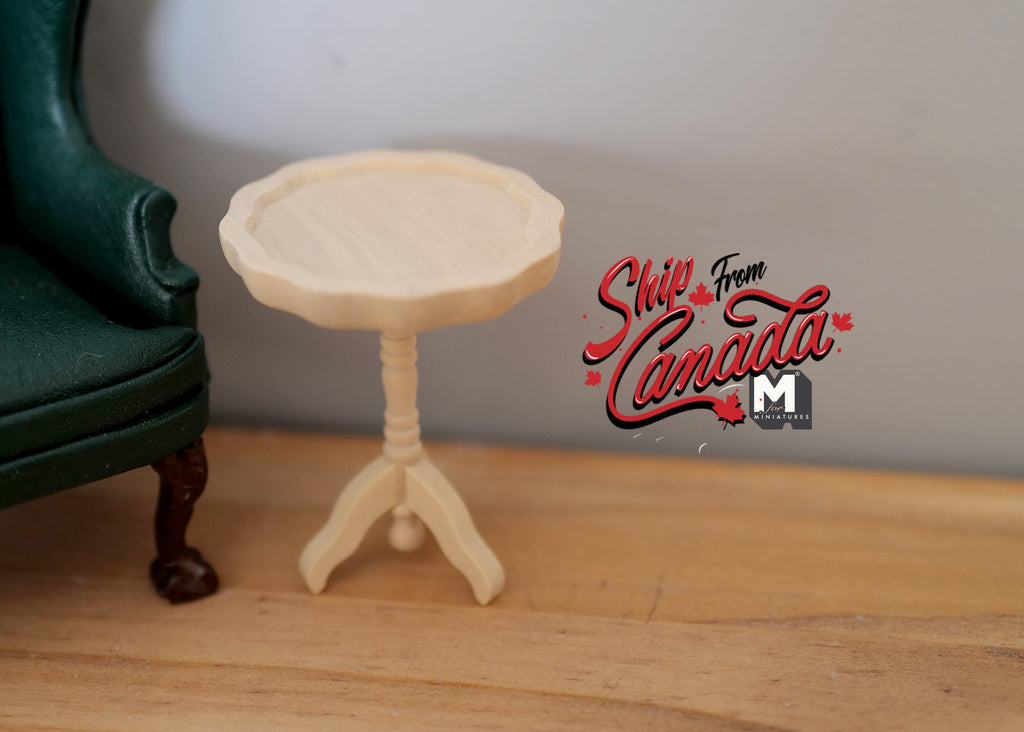 1:12 Scale Miniature Unpainted Wood Round Pedestal End Table, Tripod Base, 2-3/16 inch tall, DIY Dollhouse Supply