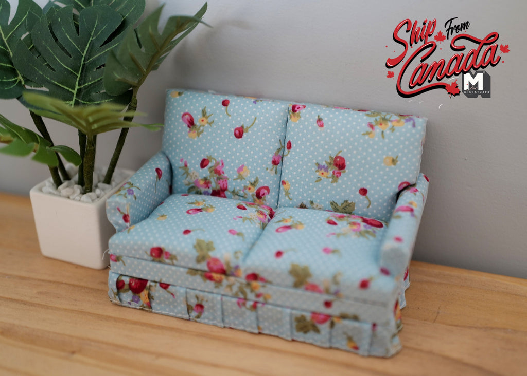 1:12 Scale Miniature Upholstered Loveseat, Floral Print with Pink Roses, 6-3/16 inch long, DIY Dollhouse Supply (light blue)