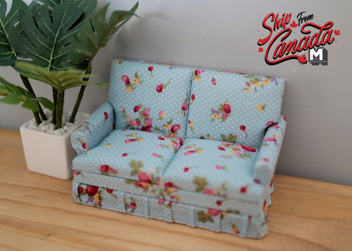 1:12 Scale Miniature Upholstered Loveseat, Floral Print with Pink Roses, 6-3/16 inch long, DIY Dollhouse Supply (light blue)