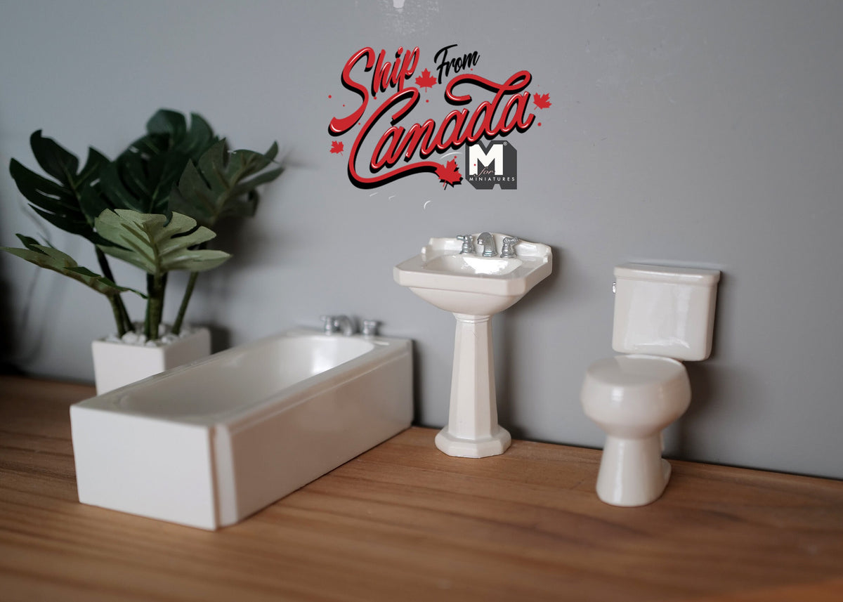1:12 Scale Miniature Bathroom Set, Bathtub, Pedestal Sink with Faucet and Toilet, Set of 3, DIY Dollhouse Supply (white)
