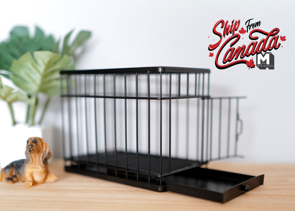 1:12 Scale Miniature Metal Pet Cage with Swing Door and Tray, 3-1/8 inch tall, DIY Dollhouse Supply (black)