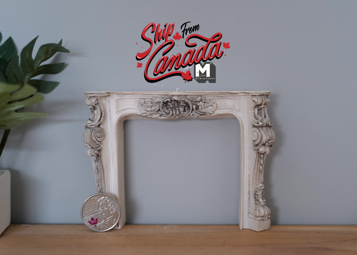 1:12 Scale Miniature Resin Victorian Style Fireplace Mantel, Ornate Relief, 3-3/8 inch tall, DIY Dollhouse Supply (aged gray)