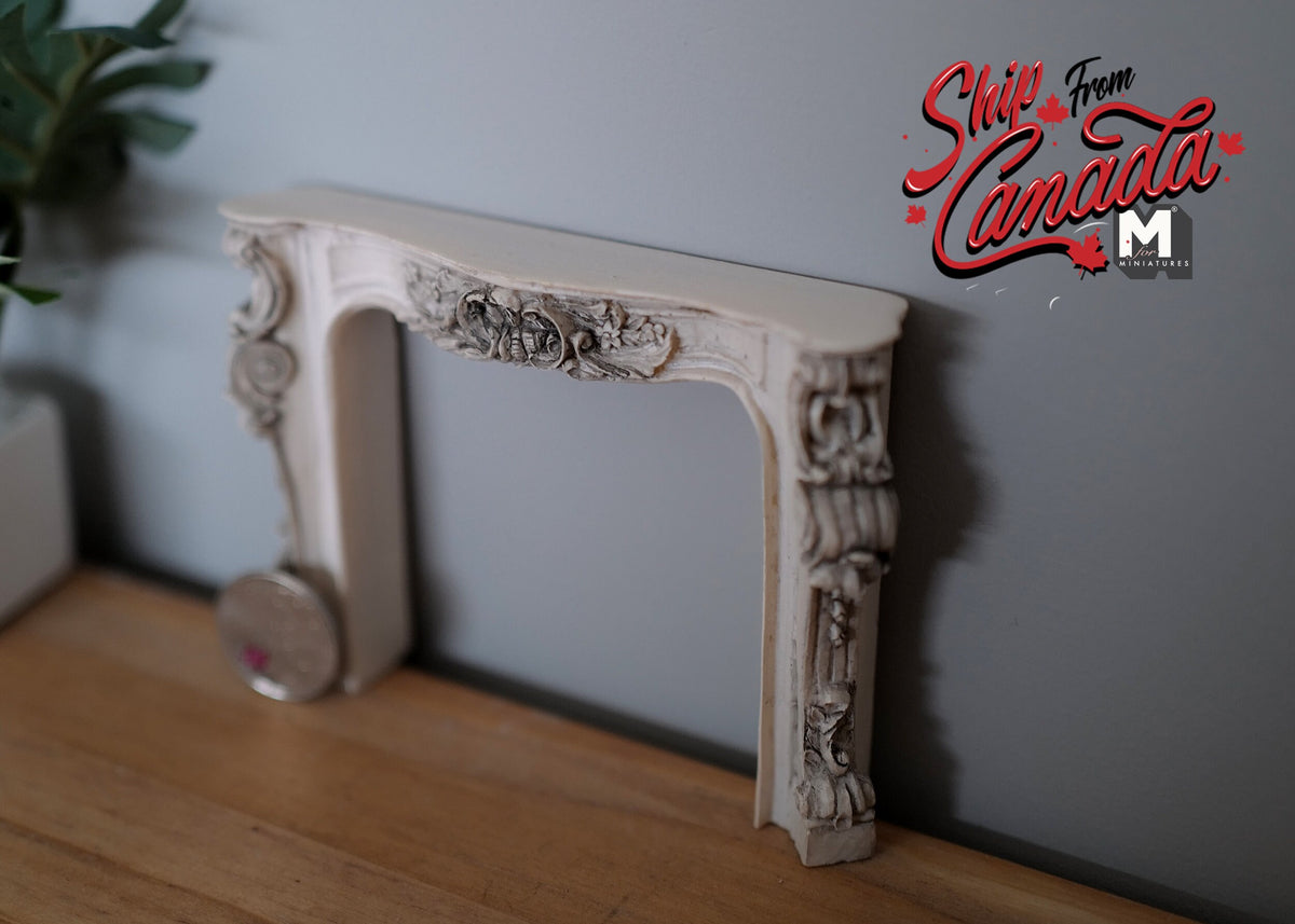 1:12 Scale Miniature Resin Victorian Style Fireplace Mantel, Ornate Relief, 3-3/8 inch tall, DIY Dollhouse Supply (aged gray)