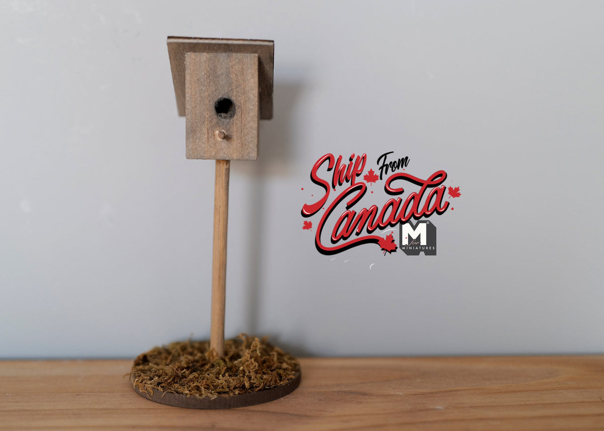 1:12 Scale Miniature Wood Birdhouse on Post with Round Base, 5-1/2 inch tall, DIY Dollhouse Supply