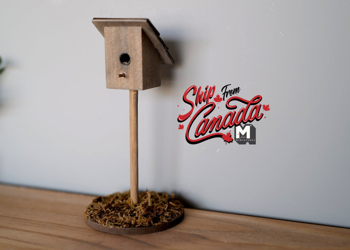 1:12 Scale Miniature Wood Birdhouse on Post with Round Base, 5-1/2 inch tall, DIY Dollhouse Supply