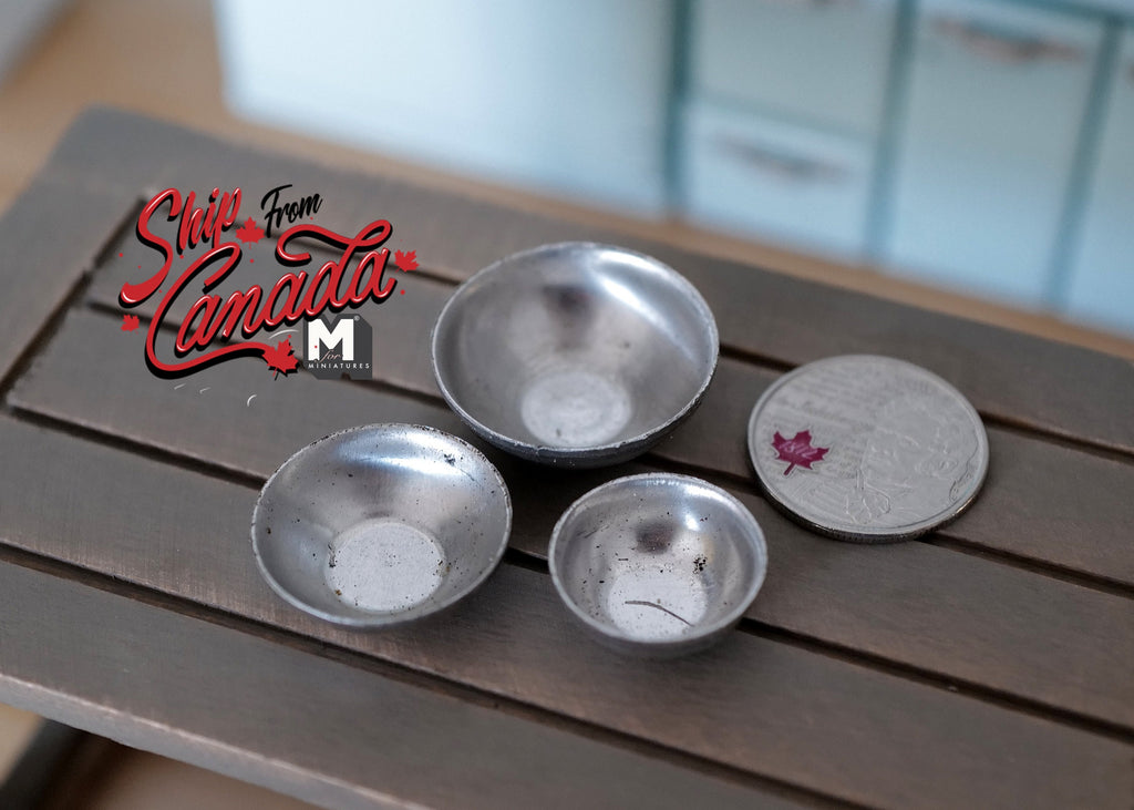 1:12 Scale Miniature Aluminum Nesting Bowls, Set of 3, 13/16 to 1-1/16 inch dia., DIY Dollhouse Supply