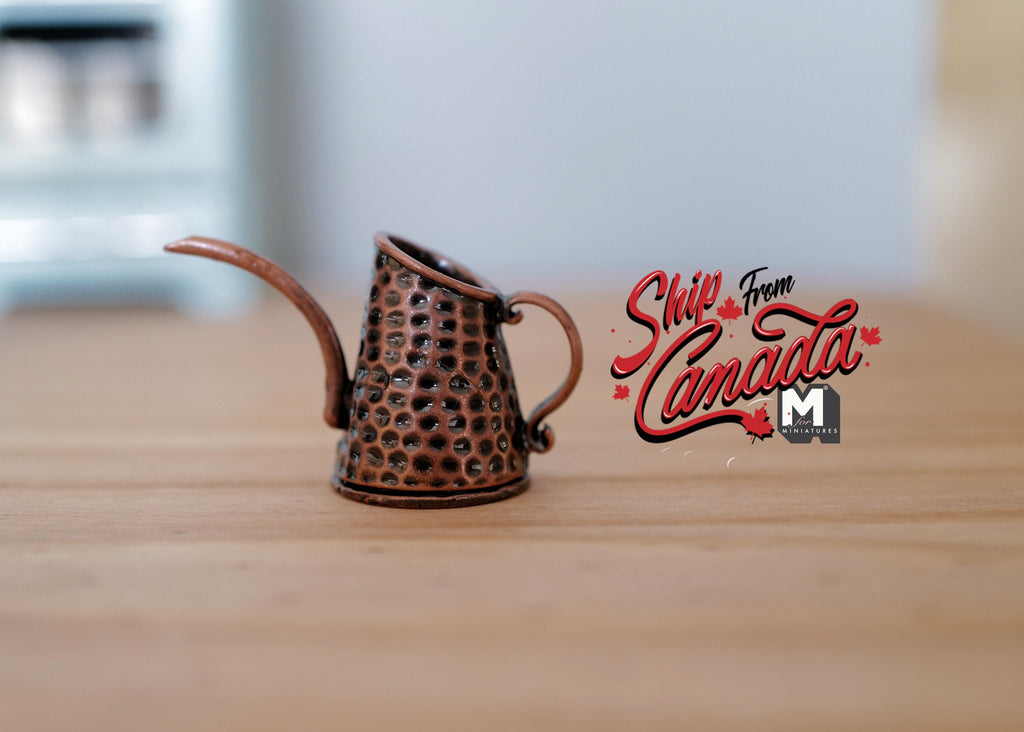 1:12 Scale Miniature Textured Metal Watering Can with Long Spout, 1 inch tall, DIY Dollhouse Supply (bronze)