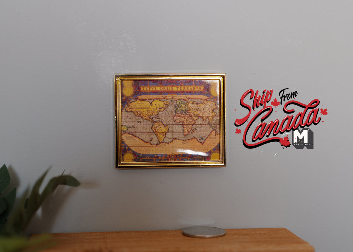 1:12 Scale Miniature Antique World Map in Metal Frame, 2-3/8 inch tall, DIY Dollhouse Supply (gold)