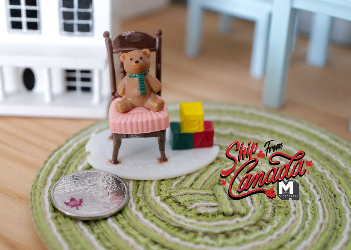 1:12 Scale Miniature Resin Teddy Bear on Chair with Alphabet Blocks, 1-9/16 inch tall, DIY Dollhouse Supply