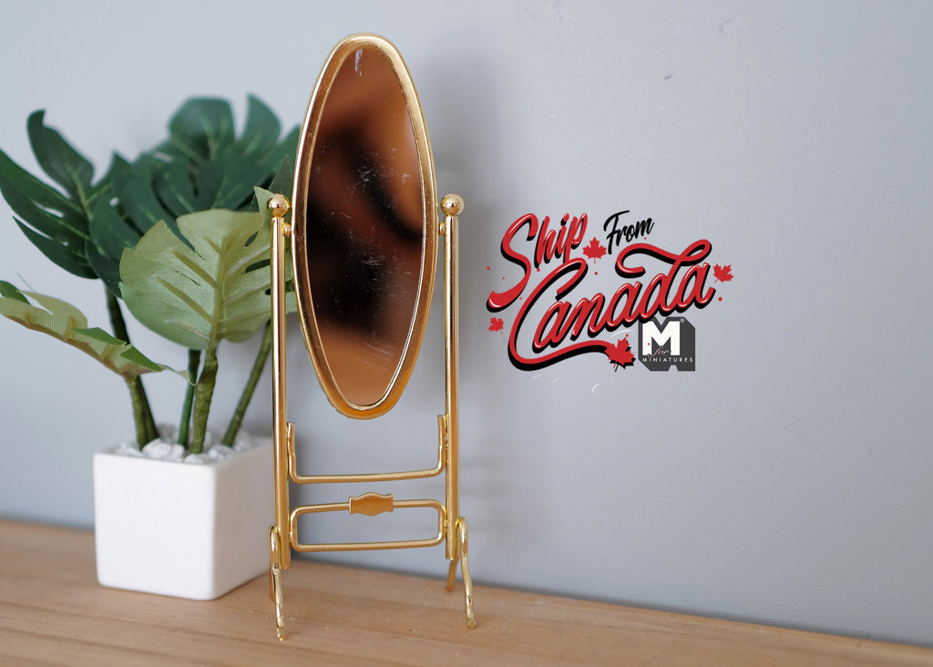 1:12 Scale Miniature Metal Cheval Mirror, Oval, Free Standing, 5-7/16 inch tall, DIY Dollhouse Supply (brass)
