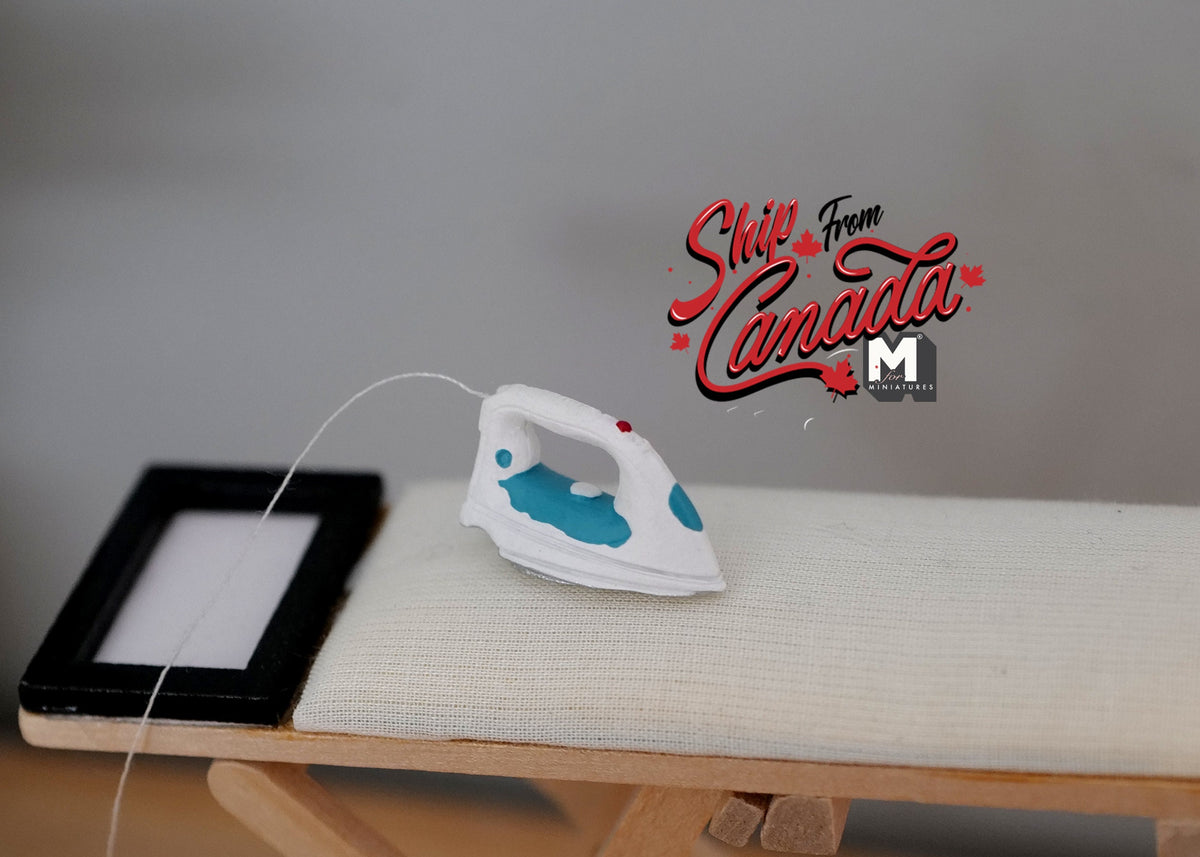 1:12 Scale Miniature Modern Clothes Iron with Cord, 1/2 inch tall, DIY Dollhouse Supply (white and teal)