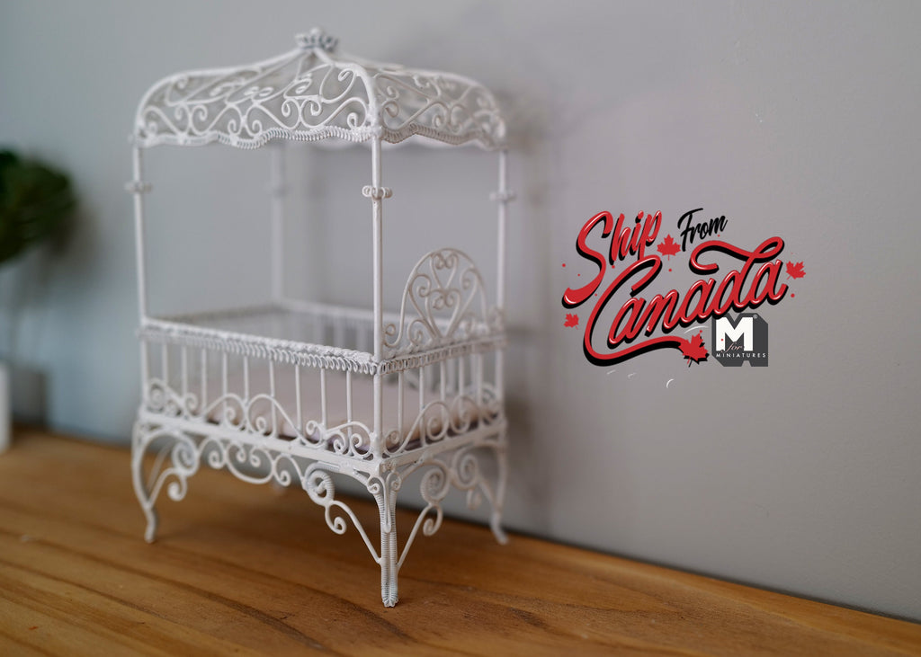 1:12 Scale Miniature Metal Baby Crib with Scroll Canopy, 5-7/8 inch tall, DIY Dollhouse Supply (white)