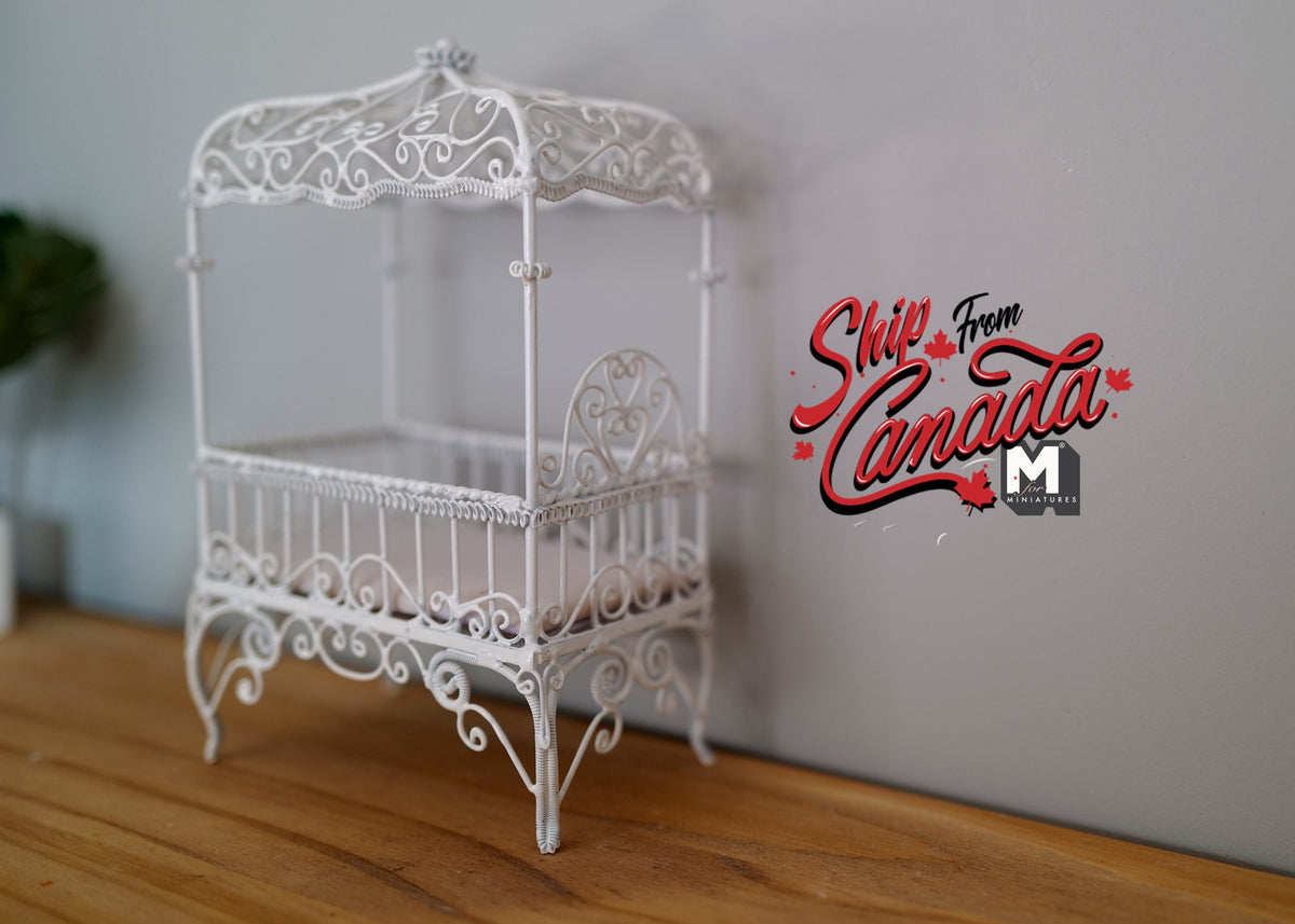 1:12 Scale Miniature Metal Baby Crib with Scroll Canopy, 5-7/8 inch tall, DIY Dollhouse Supply (white)