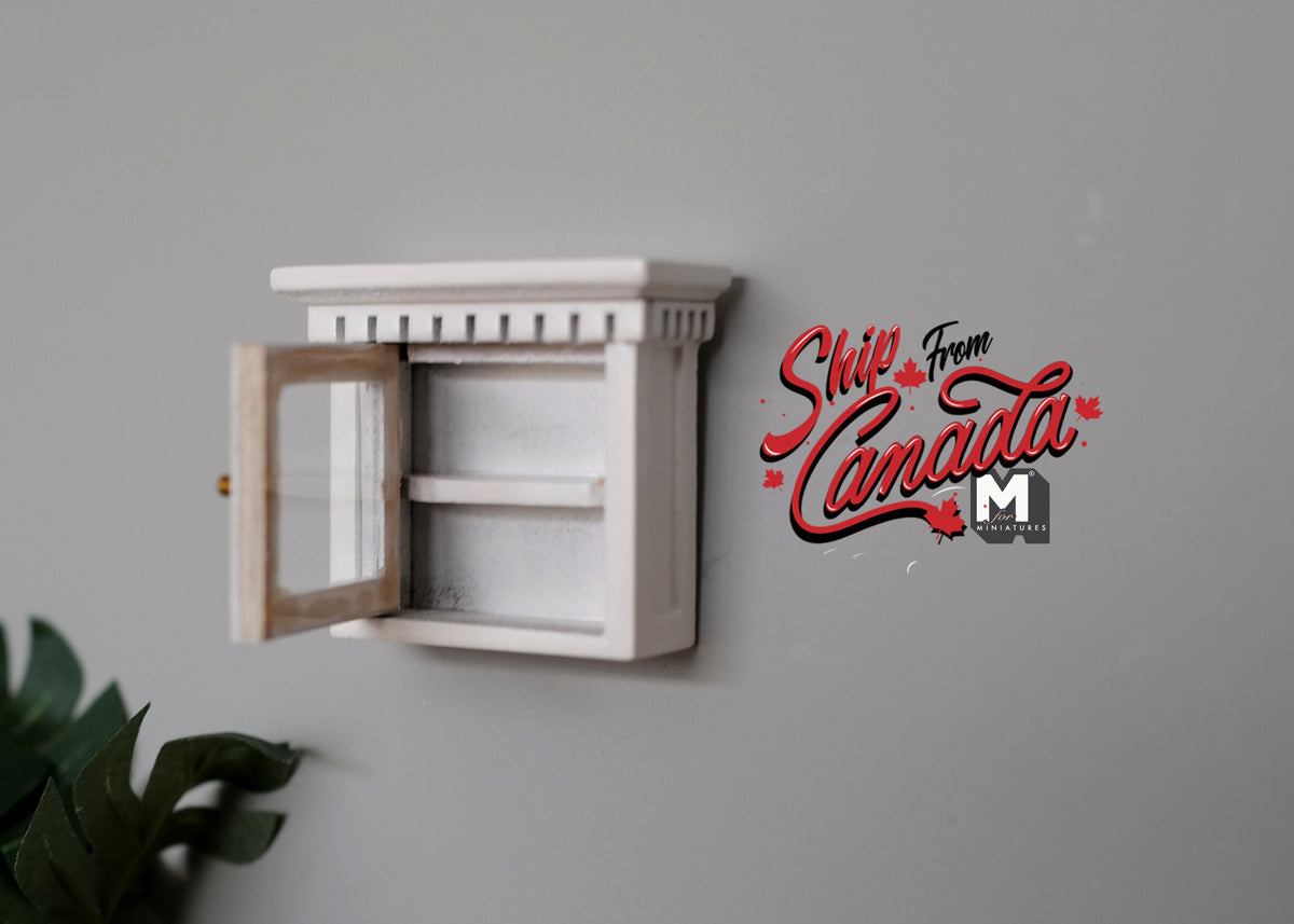 1:12 Scale Miniature Wood Medicine Cabinet with Door and Shelves, Crown Top, 1-7/8 inch tall, DIY Dollhouse Supply (white)