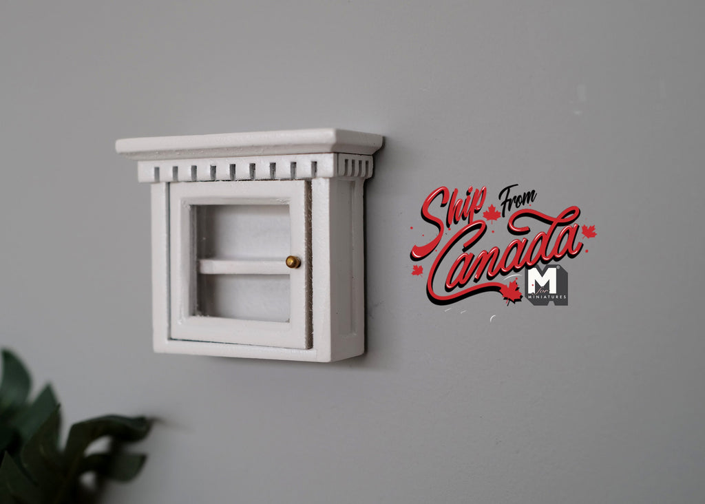 1:12 Scale Miniature Wood Medicine Cabinet with Door and Shelves, Crown Top, 1-7/8 inch tall, DIY Dollhouse Supply (white)
