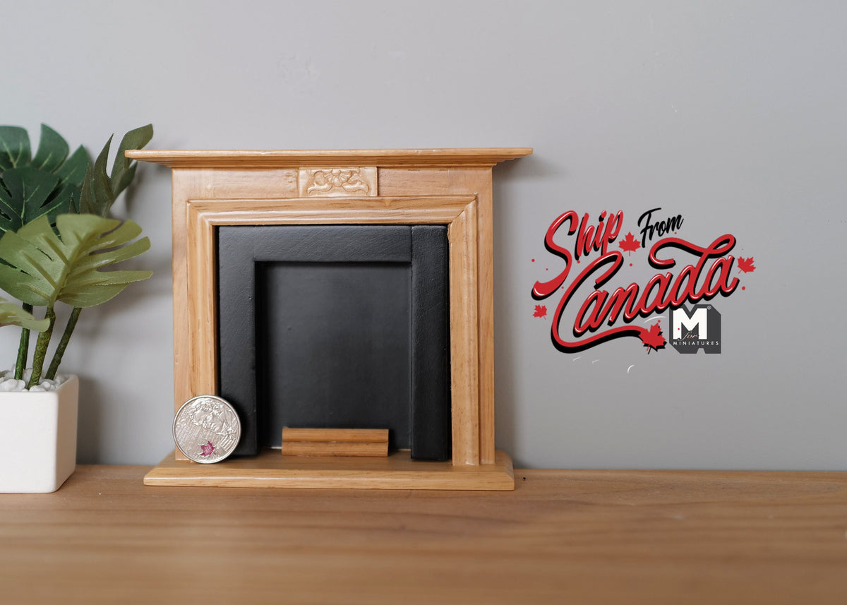 1:12 Scale Miniature Wood Fireplace with Black Firebox and Hearth, 5-5/16 inch wide, DIY Dollhouse Supply (honey)