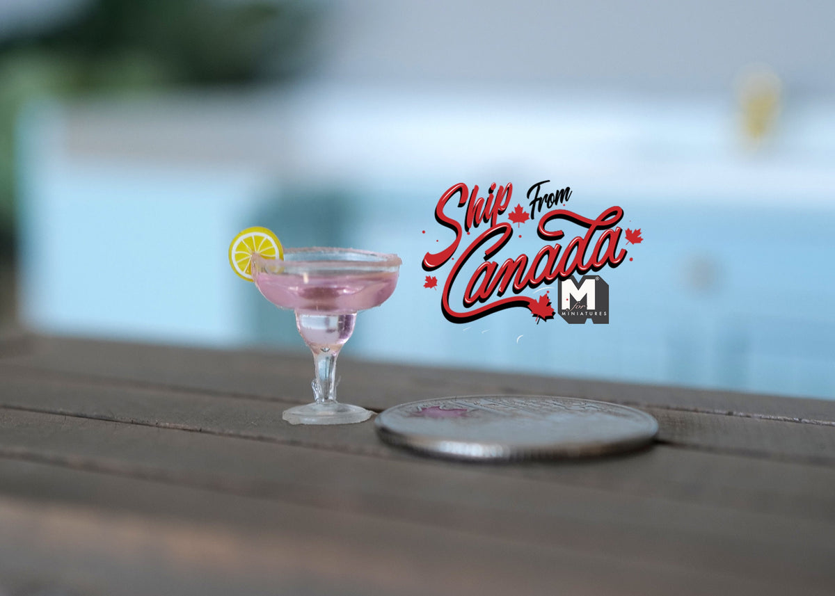 1:12 Scale Miniature Cocktail in Stemmed Glass, Salt Rim and Lemon Slice, 11/16 inch tall, DIY Dollhouse Supply (pink)