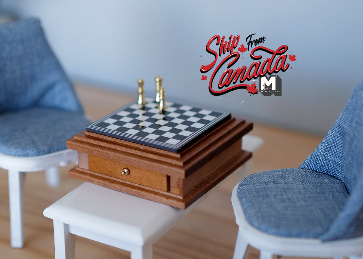 1:12 Scale Miniature Wood Chess Set with Drawer and Pieces, 1-7/8 inch wide, DIY Dollhouse Supply