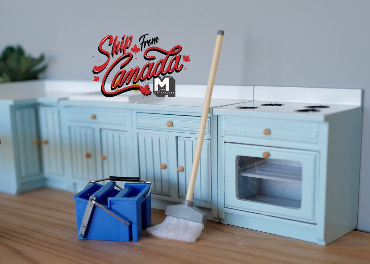1:10 Scale Miniature Mop and Wringer Bucket, Cleaning Set, 5-1/8 inch tall, DIY Dollhouse Supply (blue)