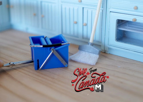 1:10 Scale Miniature Mop and Wringer Bucket, Cleaning Set, 5-1/8 inch tall, DIY Dollhouse Supply (blue)
