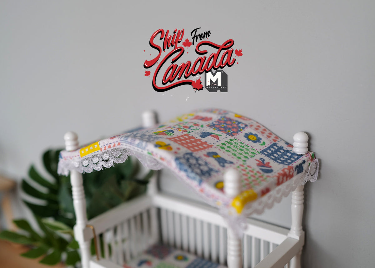 1:12 Scale Miniature Baby Crib with Canopy and Mattress, 6-7/16 inch tall, DIY Dollhouse Supply (white)