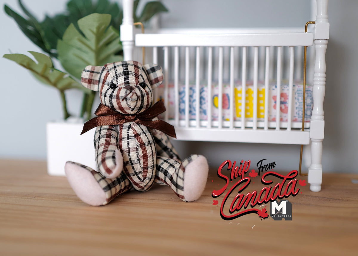 1:12 Scale Miniature Checkered Plush Teddy Bear, Jointed Arms and Legs, 2-7/8 inch tall, DIY Dollhouse Supply (brown and cream)