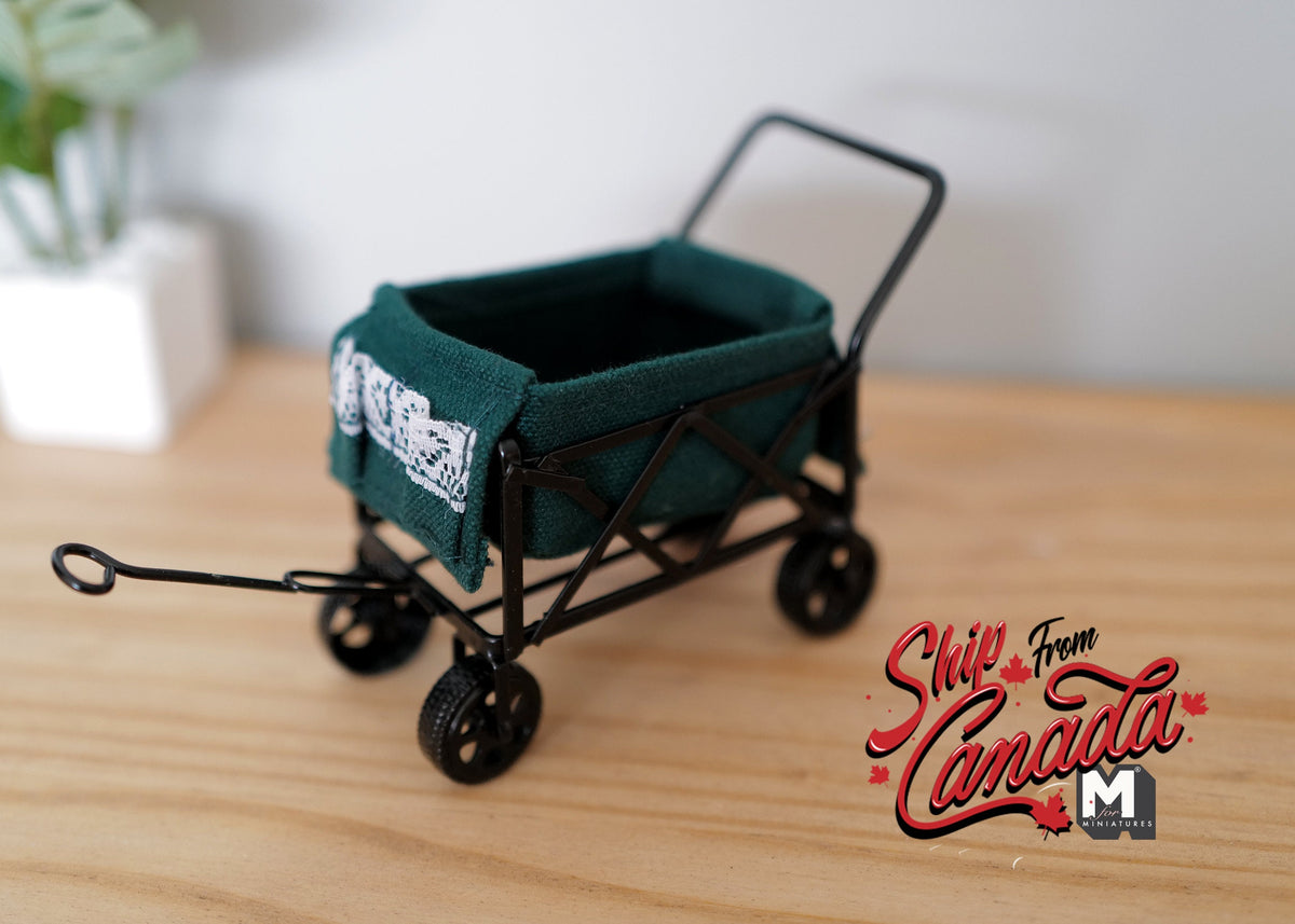 1:12 Scale Miniature Metal Garden Wagon with Pull Handle, 5-5/16 inch long, DIY Dollhouse Supply (dark green)