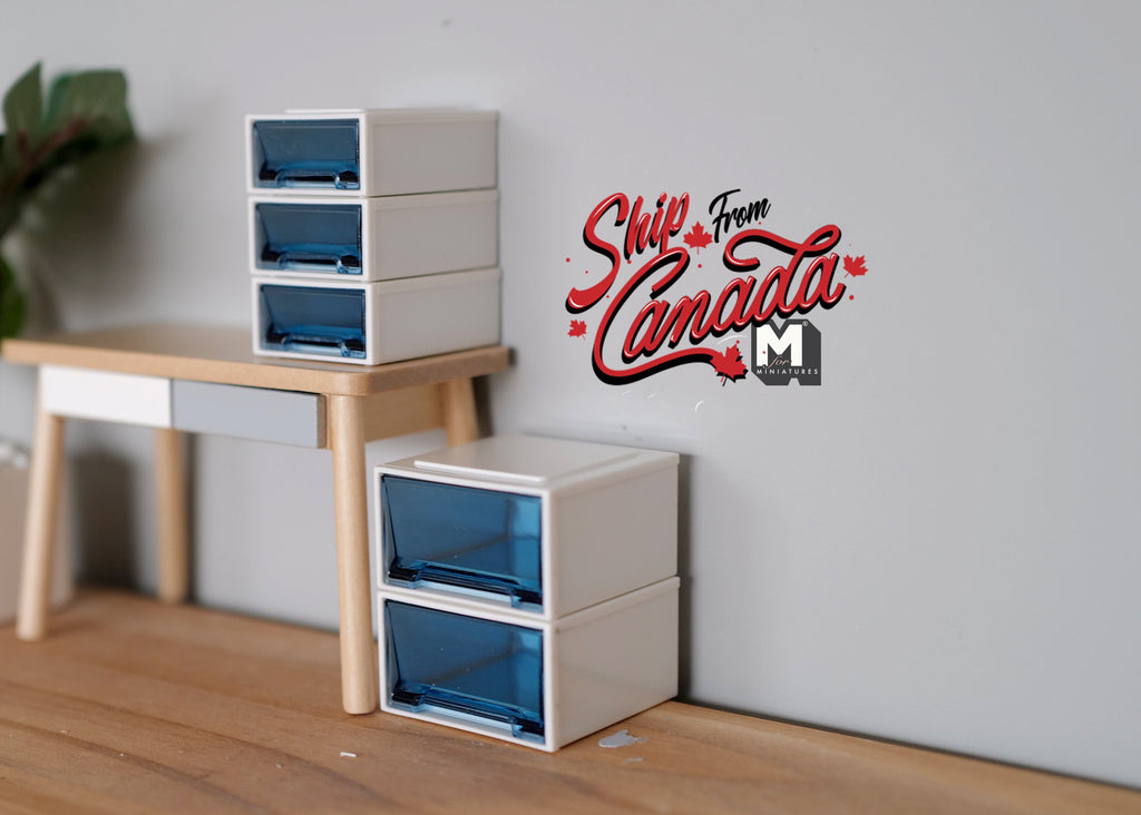 1:12 Scale Miniature Stackable Storage Drawers, Set of 5, 1-9/16 inch wide, DIY Dollhouse Supply (white and blue)