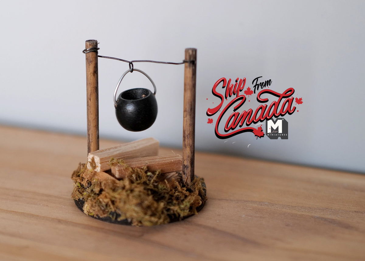 1:12 Scale Miniature Wood Fire Pit with Log Pile and Hanging Pot, 2-1/16 inch tall, DIY Dollhouse Supply