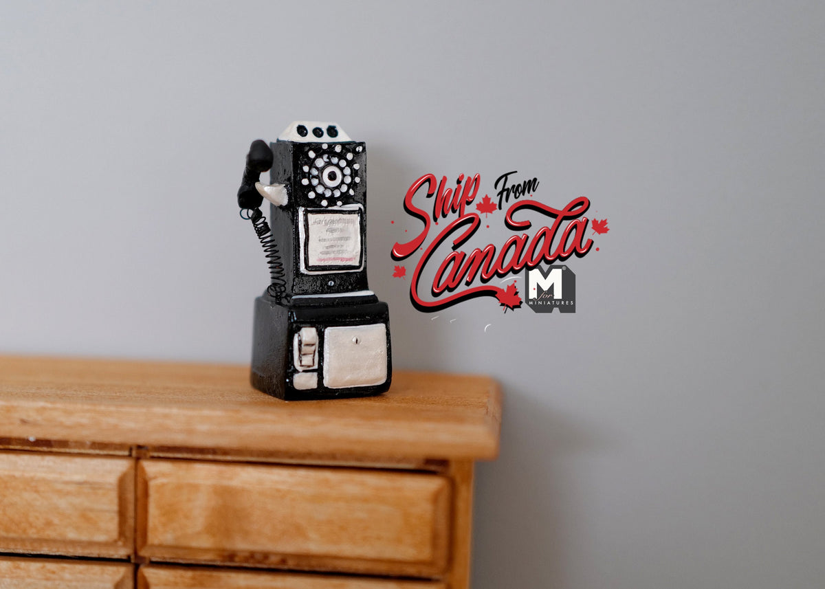 1:12 Scale Miniature Upright Dial Telephone, 1-9/16 inch tall, DIY Dollhouse Supply (black)