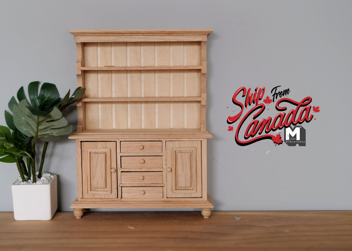 1:12 Scale Miniature Unpainted Wood Kitchen Dresser, Open Shelves, Lower Cupboard, 6-11/16 inch tall, DIY Dollhouse Supply