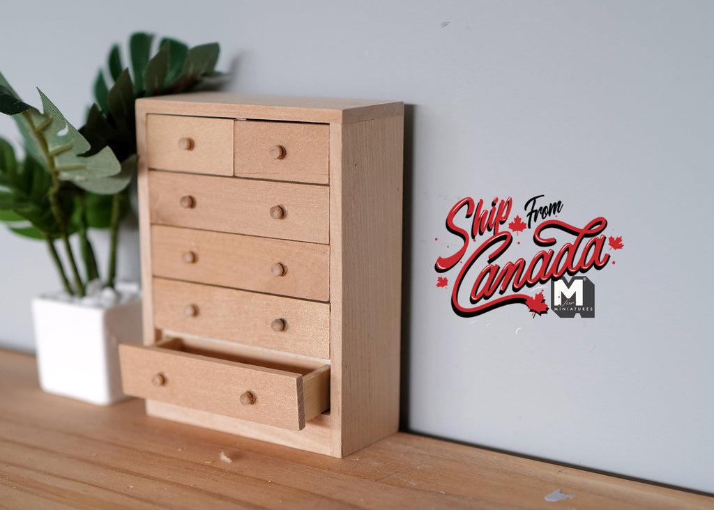 1:12 Scale Miniature Unpainted Wood Chest of Drawers, 6 Drawers, 4-1/8 inch tall, DIY Dollhouse Supply