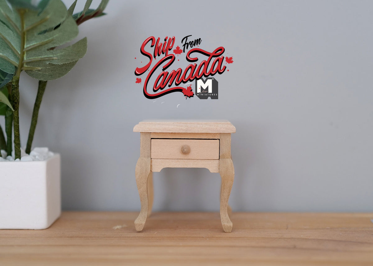 1:12 Scale Miniature Unpainted Wood Nightstand, 1 Drawer, Turned Legs, 2-3/4 inch tall, DIY Dollhouse Supply