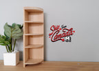 1:12 scale miniature unpainted wood corner curio shelf with 4 open shelves and a curved front, shown beside a potted plant