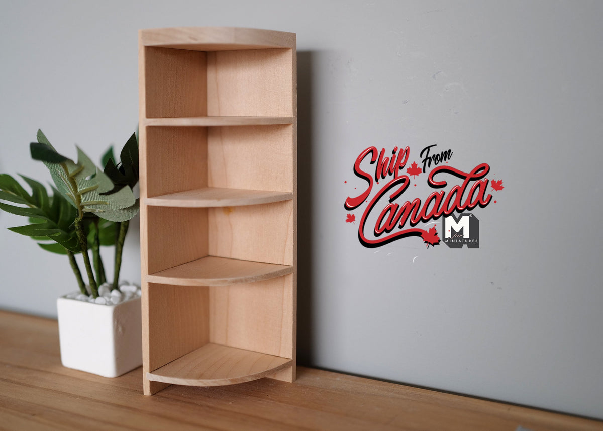 1:12 Scale Miniature Unpainted Wood Corner Curio Shelf, 4 Open Shelves, Curved Front, 6-1/8 inch tall, DIY Dollhouse Supply