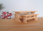 1:12 scale miniature unpainted wood picnic table with 2 benches, set of 3, shown on a wood surface