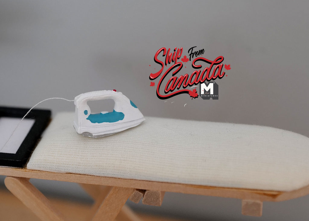 1:12 Scale Miniature Modern Clothes Iron with Cord, 1/2 inch tall, DIY Dollhouse Supply (white and teal)
