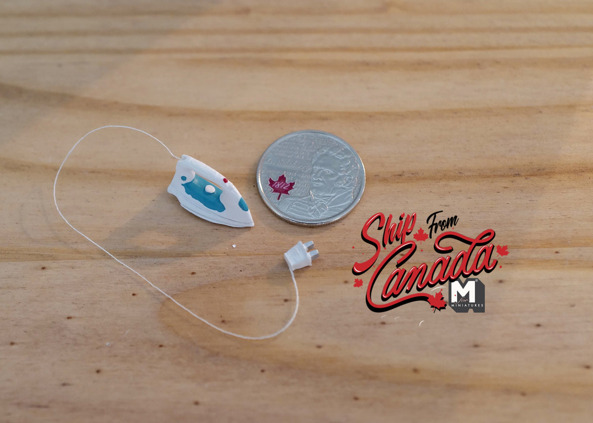 1:12 Scale Miniature Modern Clothes Iron with Cord, 1/2 inch tall, DIY Dollhouse Supply (white and teal)