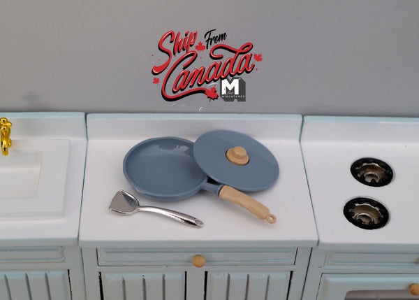 1:12 Dollhouse Supplies Miniature Metal Cooking Frying Pan Lid and Spatula (Blue) - B033