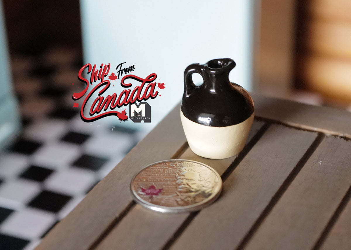 1:12 Scale Miniature Ceramic Crock Jug with Handle, 1-1/16 inch tall, DIY Dollhouse Supply (black and cream)