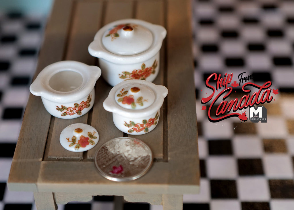 1:12 Scale Miniature Ceramic Cooking Pots with Lids, Floral Pattern, Set of 3, 1-7/16 inch wide, DIY Dollhouse Supply (white)