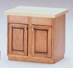 1:12 scale miniature wood kitchen center island cabinet kit, shown assembled with two paneled doors and a light plank top