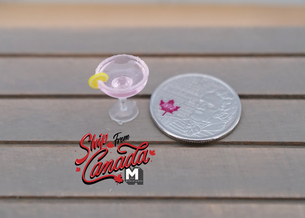 1:12 Scale Miniature Cocktail in Stemmed Glass, Salt Rim and Lemon Slice, 11/16 inch tall, DIY Dollhouse Supply (pink)
