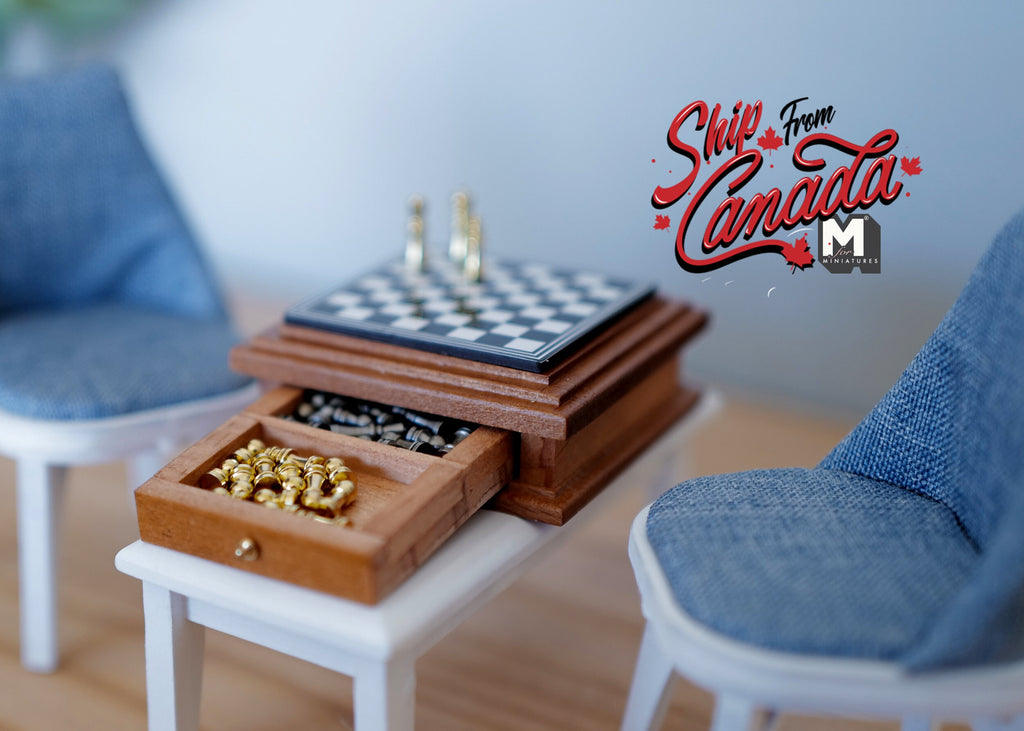 1:12 Scale Miniature Wood Chess Set with Drawer and Pieces, 1-7/8 inch wide, DIY Dollhouse Supply