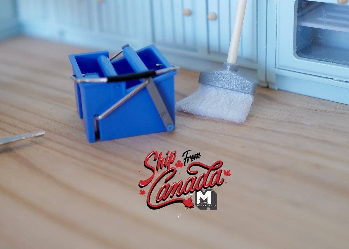 1:10 Scale Miniature Mop and Wringer Bucket, Cleaning Set, 5-1/8 inch tall, DIY Dollhouse Supply (blue)