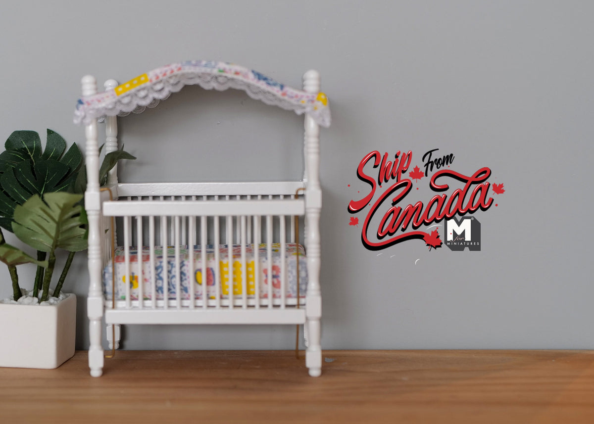 1:12 Scale Miniature Baby Crib with Canopy and Mattress, 6-7/16 inch tall, DIY Dollhouse Supply (white)
