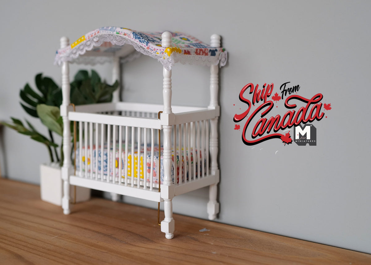 1:12 Scale Miniature Baby Crib with Canopy and Mattress, 6-7/16 inch tall, DIY Dollhouse Supply (white)