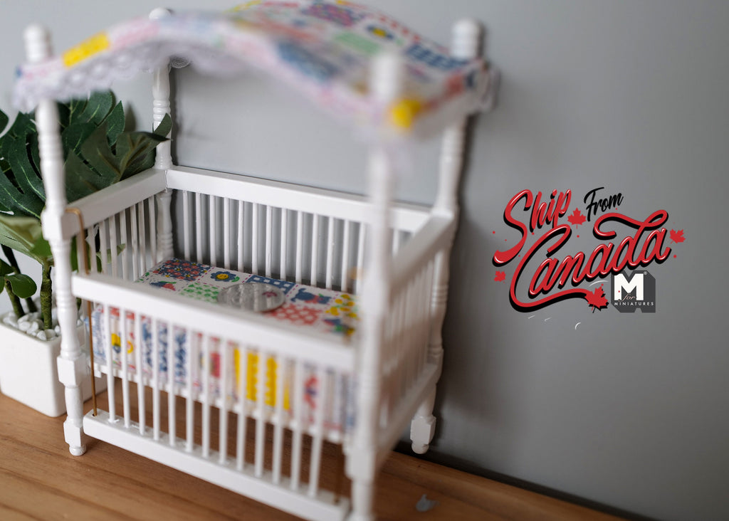 1:12 Scale Miniature Baby Crib with Canopy and Mattress, 6-7/16 inch tall, DIY Dollhouse Supply (white)