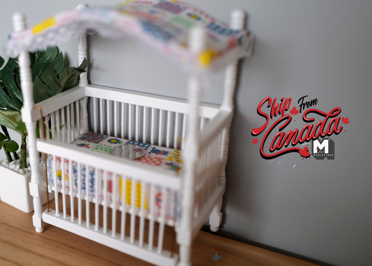 1:12 Scale Miniature Baby Crib with Canopy and Mattress, 6-7/16 inch tall, DIY Dollhouse Supply (white)