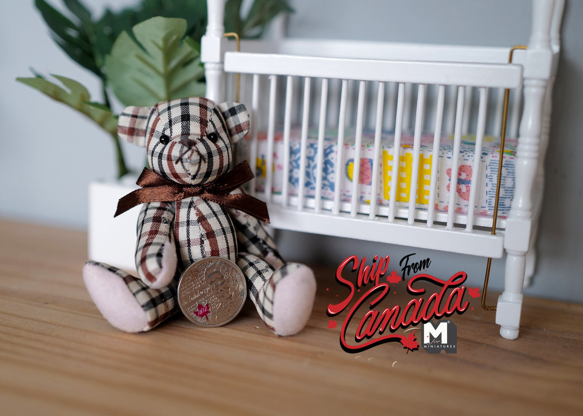 1:12 Scale Miniature Checkered Plush Teddy Bear, Jointed Arms and Legs, 2-7/8 inch tall, DIY Dollhouse Supply (brown and cream)